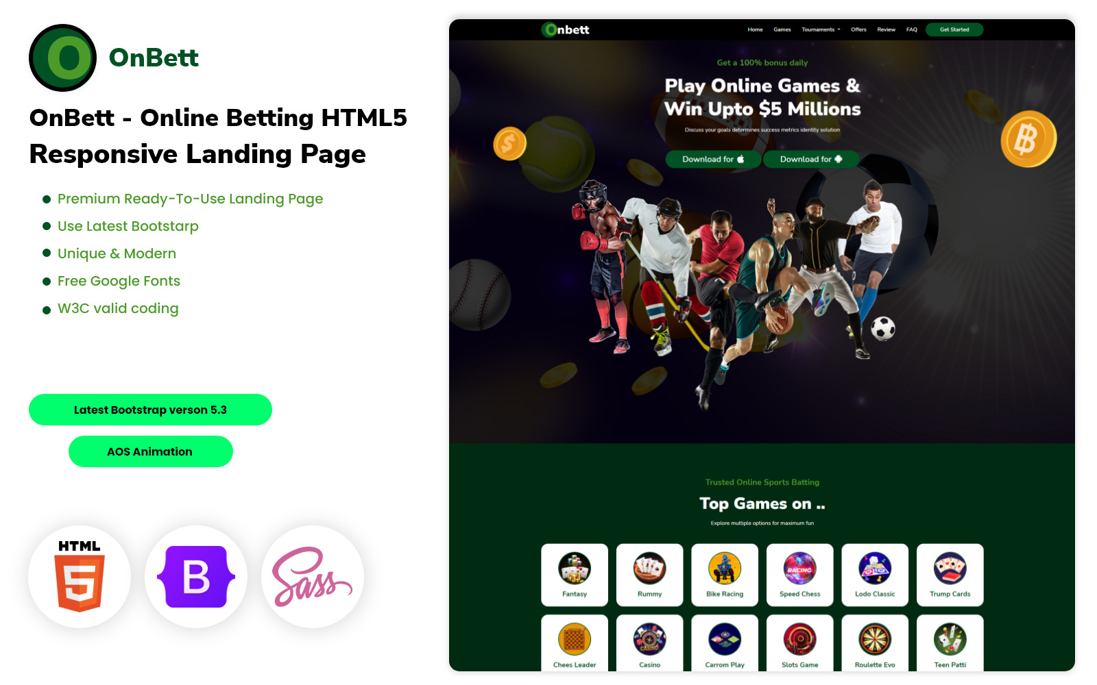 OnBett - Online Betting HTML5 Responsive Landing Page